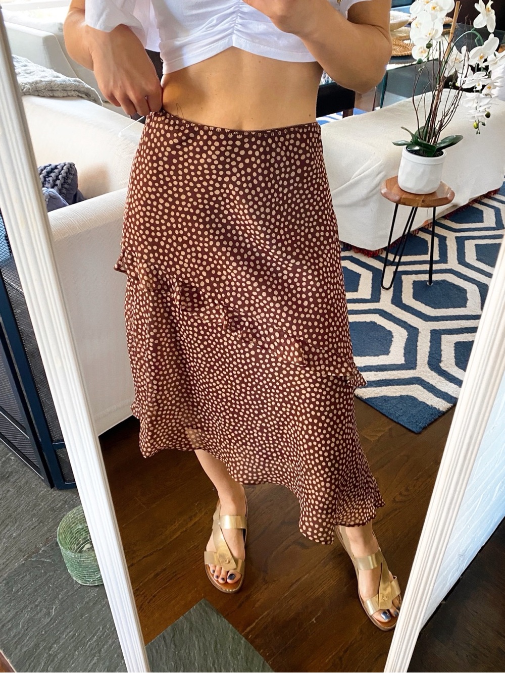 ZARA Brown Tan Polka Dot Asymmetric Ruffle Midi Skirt! 🤎